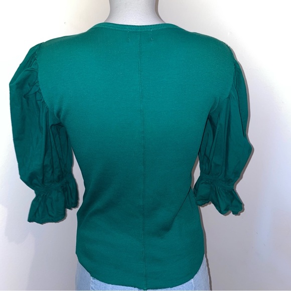 Nation Tee Short Sleeve Puff Sleeve Crew Neck Blouse Pima Cotton Green Medium - Picture 5 of 7